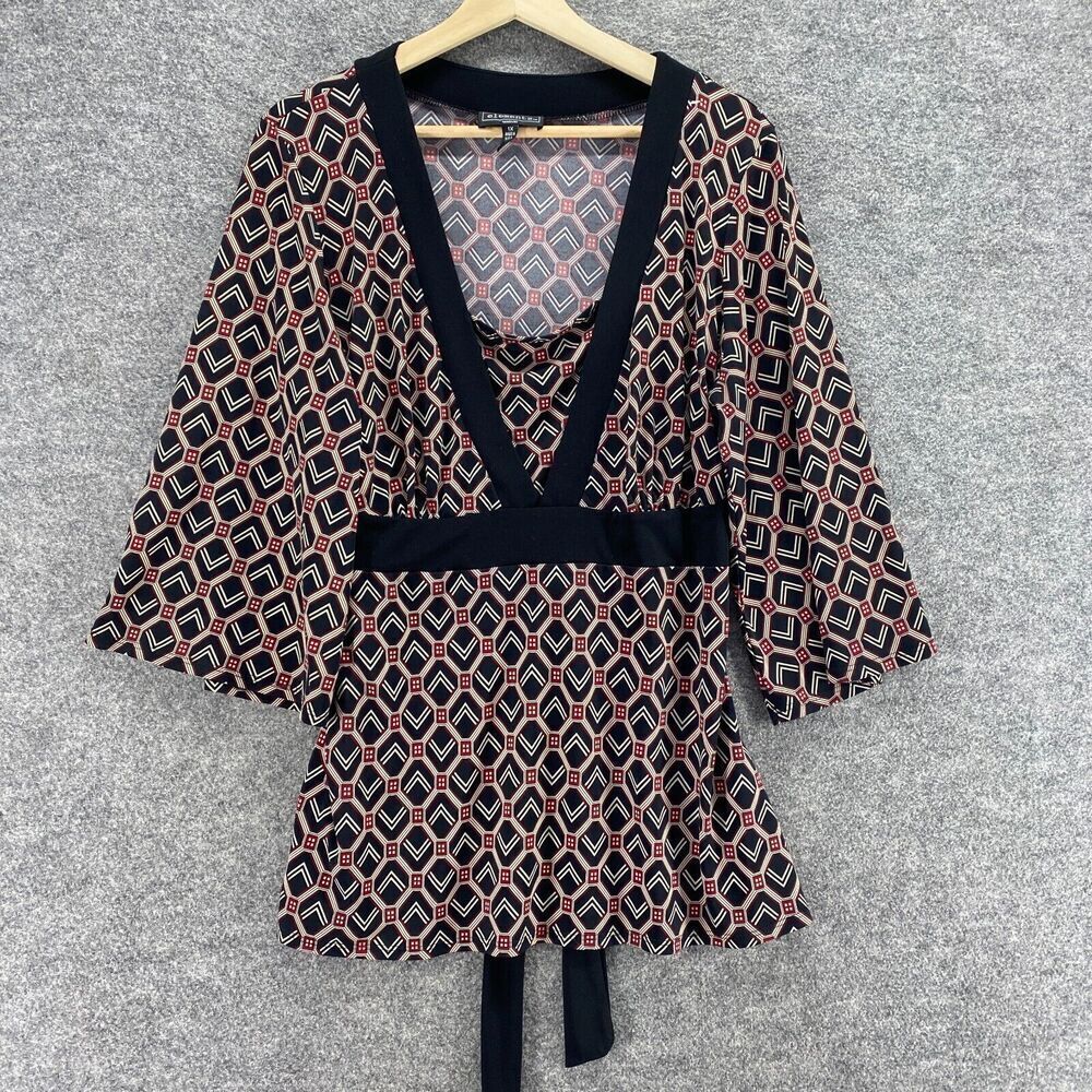 Elementz Blouse Women 1X Plus Black Geometric V-Neck 3/4 Sleeve Tasseled Casual